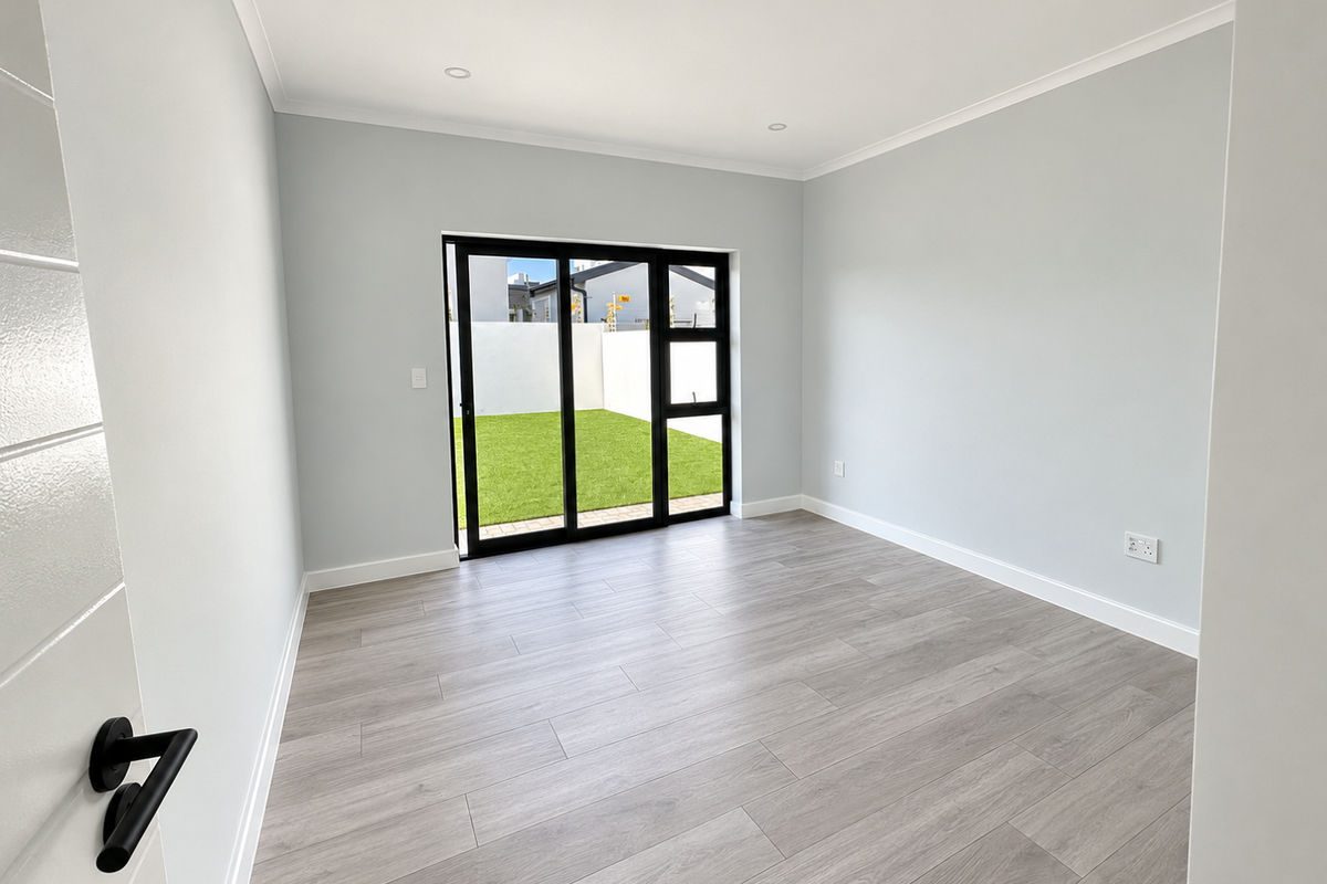 A bright, modern bedroom featuring light wood-look flooring, recessed ceiling lighting, and large black-framed sliding glass doors providing direct access to the rear garden.