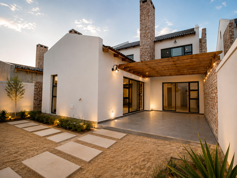A modern rear townhouse elevation featuring a tiled patio, wooden pergola, brick chimneys, and landscaped garden area with paved stepping stones.