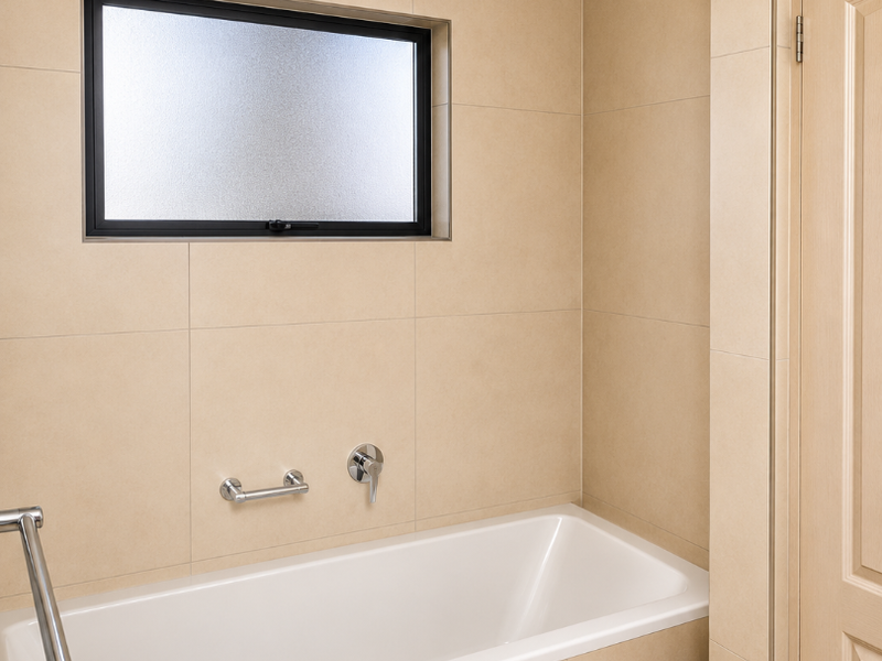 A clean, modern bathroom featuring a built-in bathtub with chrome fixtures, neutral wall tiling, and a frosted glass window for privacy.