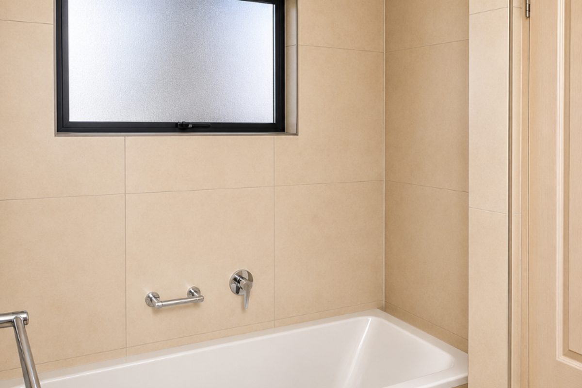 A clean, modern bathroom featuring a built-in bathtub with chrome fixtures, neutral wall tiling, and a frosted glass window for privacy.