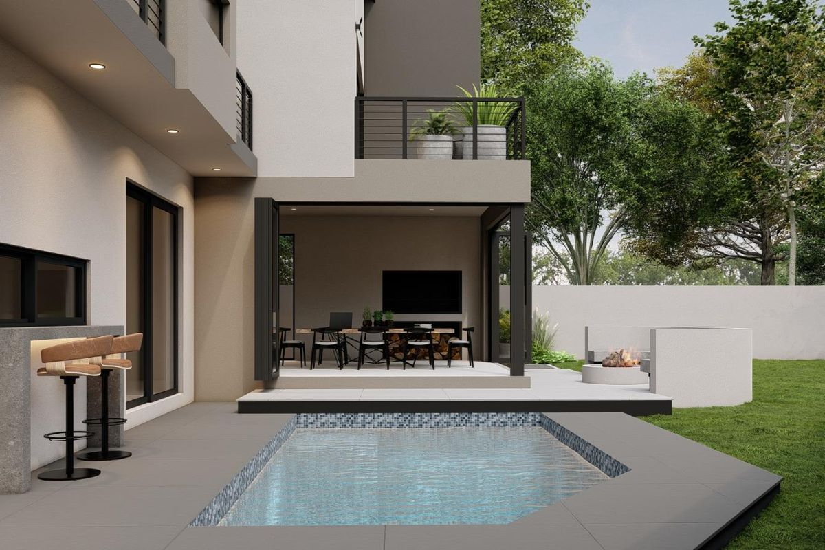 Modern rear exterior featuring a swimming pool, covered patio with integrated lighting, balcony, and a built-in fire pit area in a landscaped garden.