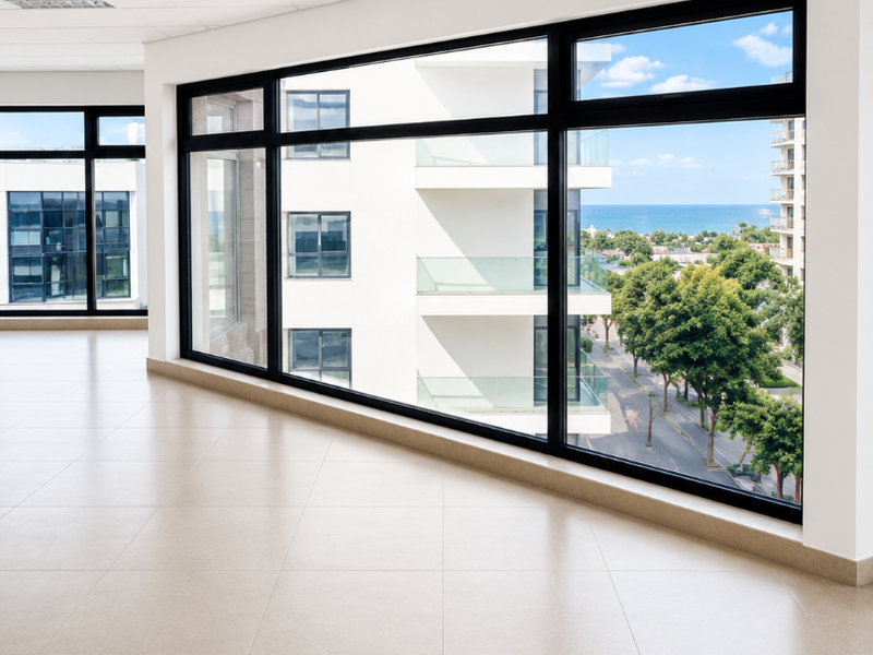 Bright, modern open-plan office space featuring large windows with scenic views, neutral tile flooring, and a clean, professional suspended ceiling finish.