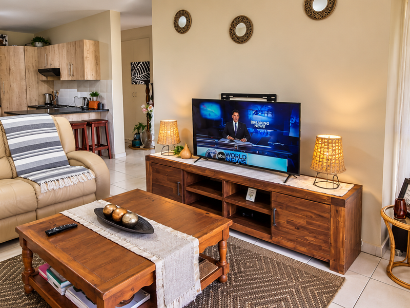 An open-plan living area featuring a functional kitchen with wood-finish cabinetry and tiled flooring, seamlessly connected to a comfortable lounge space.