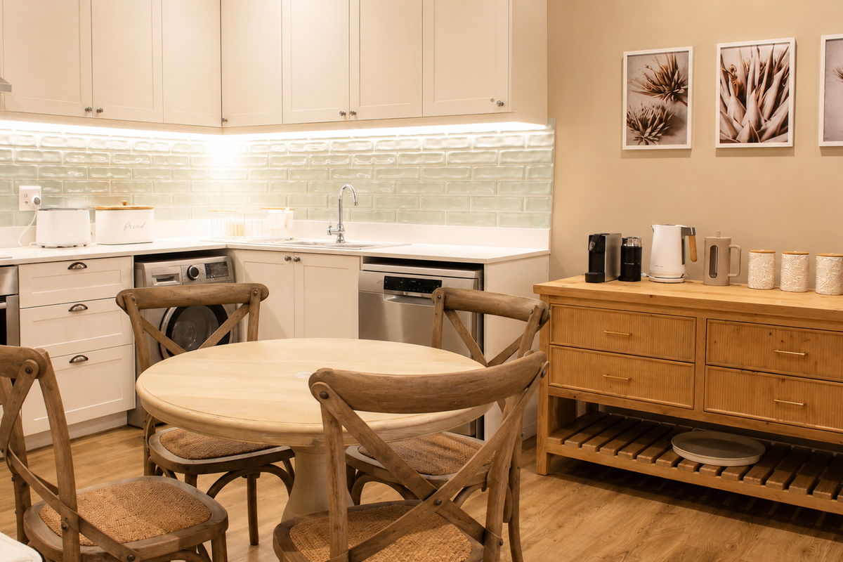 Modern kitchen featuring shaker-style cabinetry, subway tile backsplash, integrated appliances, and under-cabinet lighting, creating a clean and functional culinary space.