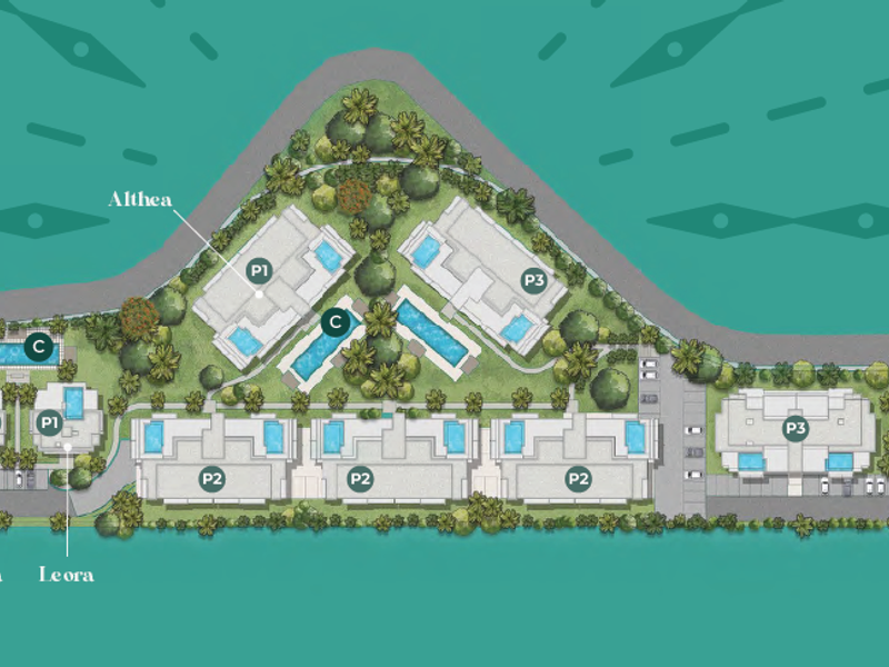 Master plan layout for The Solaya Apartments, illustrating the site arrangement, building phases, swimming pools, parking, and entrance access.