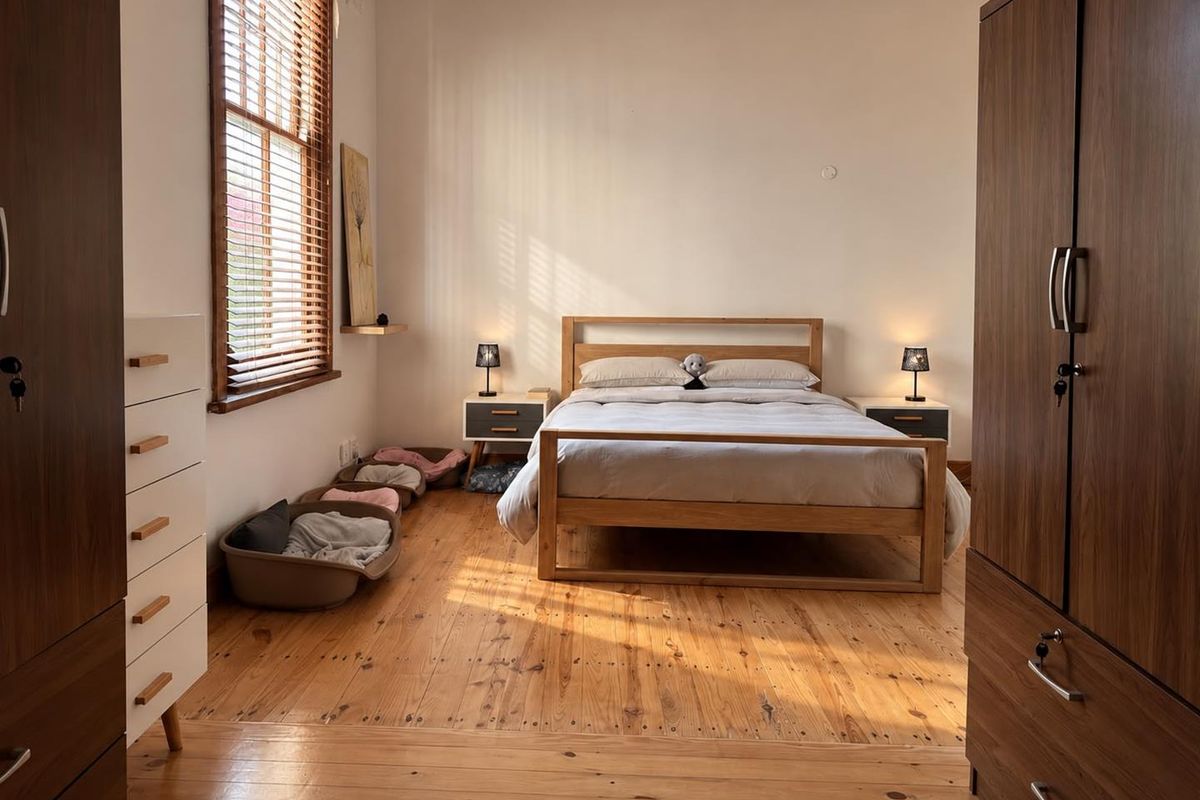 A well-maintained bedroom featuring warm timber flooring, natural light through venetian blinds, and classic coving detail.
