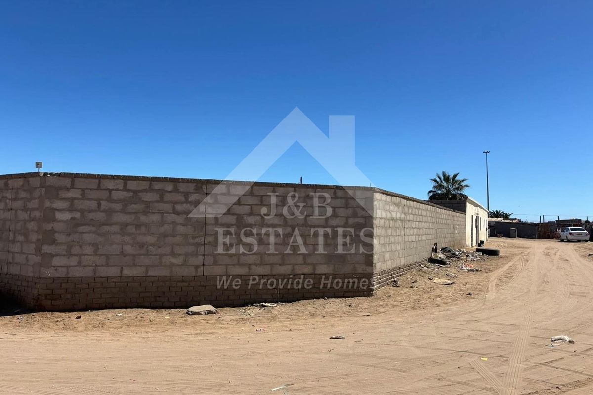 A view of a vacant residential plot featuring a perimeter concrete block wall along an unpaved road.