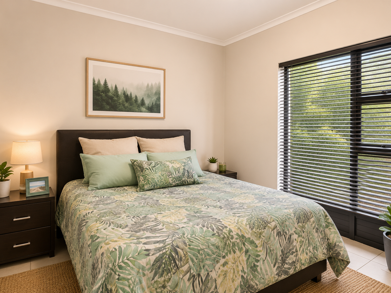 A well-maintained bedroom featuring neutral walls, tiled flooring, and large windows fitted with dark venetian blinds.