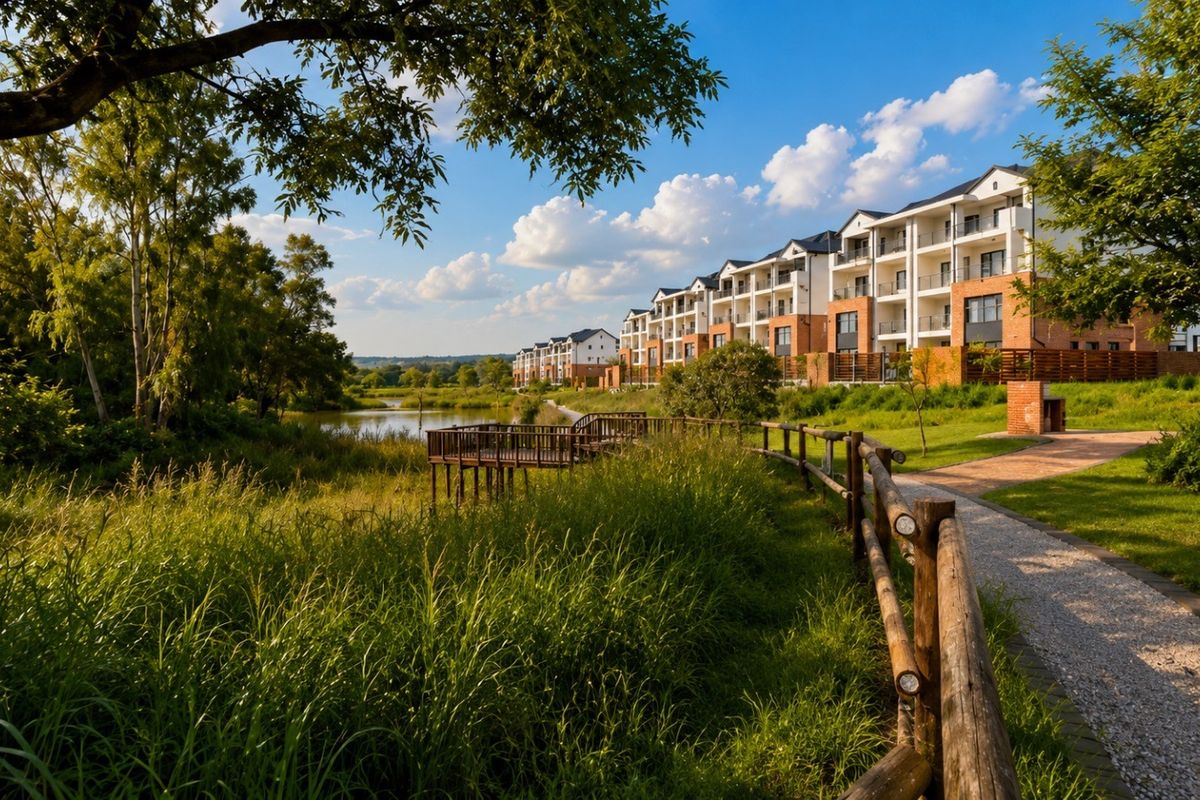 A scenic view of a modern apartment complex featuring a timber boardwalk, gravel pathways, and well-maintained landscaped gardens overlooking a tranquil pond.