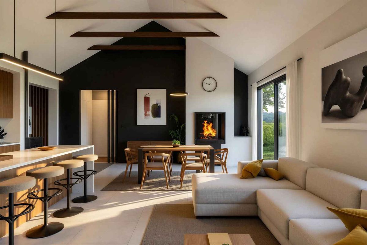 Modern open-plan living area featuring a vaulted ceiling with exposed beams, a built-in fireplace, and a sleek kitchen island with breakfast bar seating.