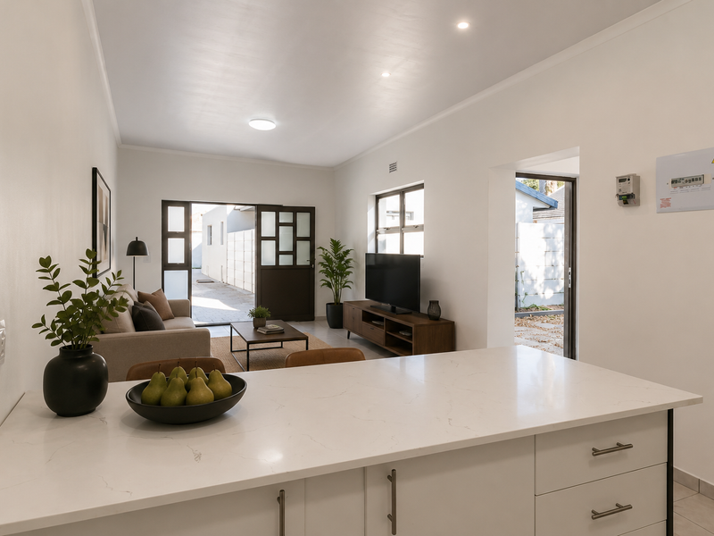 Modern open-plan living area featuring a sleek kitchen island with quartz countertops, recessed lighting, and direct access to the outdoor space.