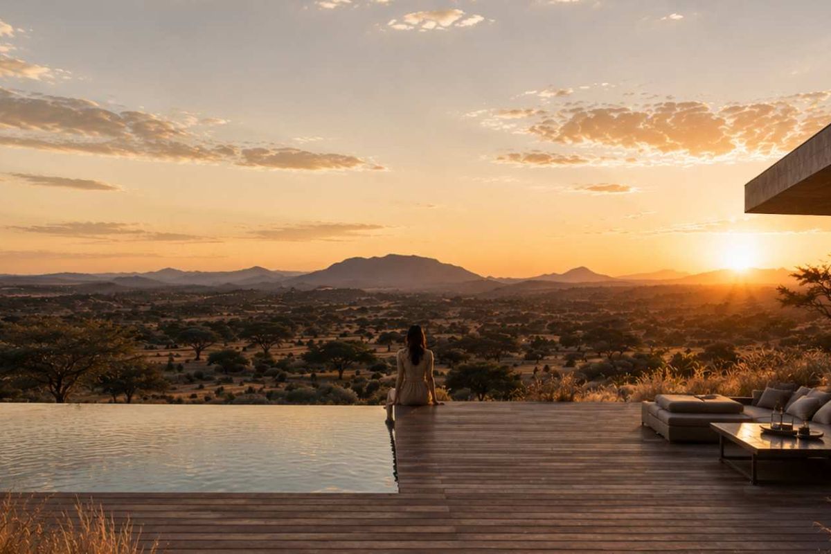 A stunning infinity pool and timber deck overlooking a vast landscape at sunset, featuring modern architectural design and seamless integration with the natural environment.
