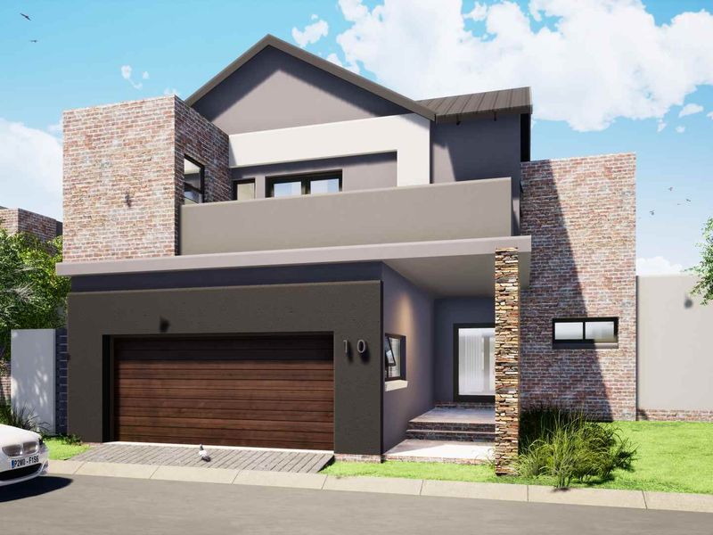 Modern double-story cluster home featuring a contemporary brick and plaster facade, double garage, and an upper-level balcony.