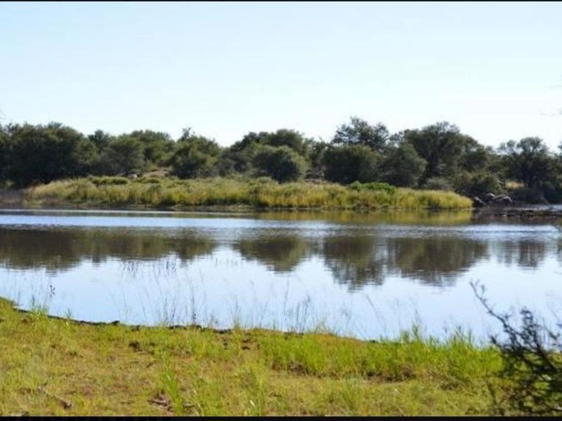 A scenic view of a natural dam or river on the farm property, surrounded by indigenous trees and grassy banks.