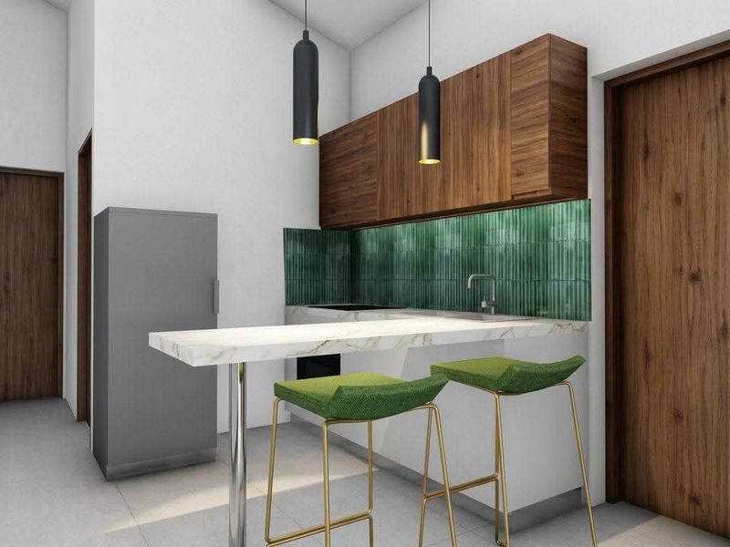 Modern kitchen featuring wood-grain cabinetry, a striking green tiled backsplash, marble-look breakfast bar, and contemporary pendant lighting.