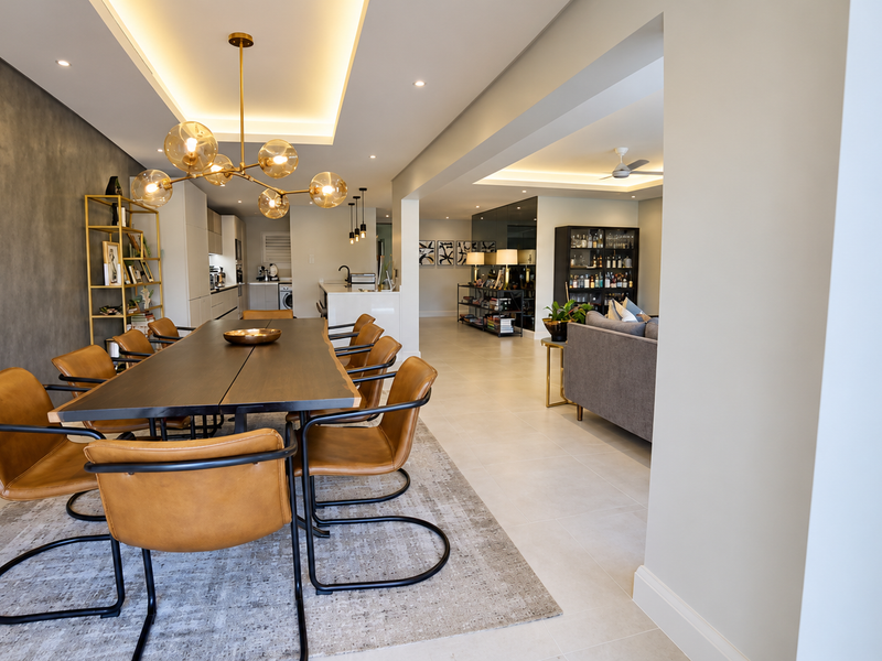 Spacious open-plan living and dining area featuring modern tiled floors, recessed ceiling lighting, and a contemporary feature pendant light over the dining space.