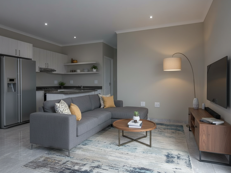 Modern open-plan living area featuring a contemporary kitchen with stone countertops, sleek cabinetry, and high-quality tiled flooring throughout.