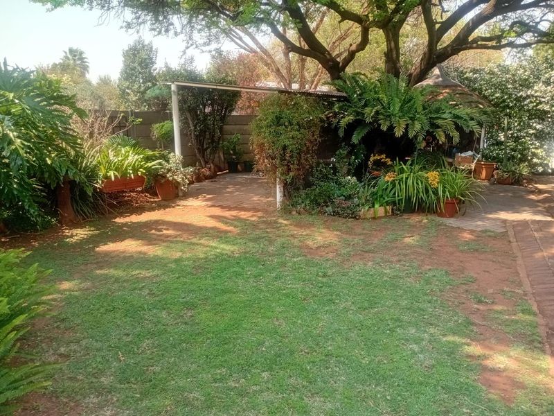 A lush, established garden featuring a paved patio area, a covered pergola, and mature trees providing shade and privacy.