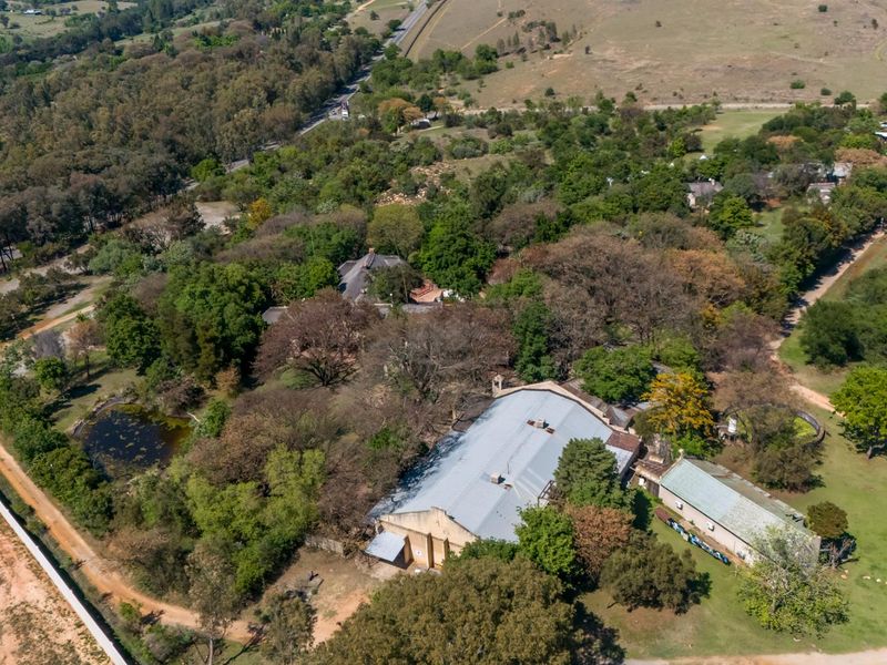 Aerial view of a small holding property featuring large mature trees, a pond, and multiple structures with metal roofing set in a rural landscape.