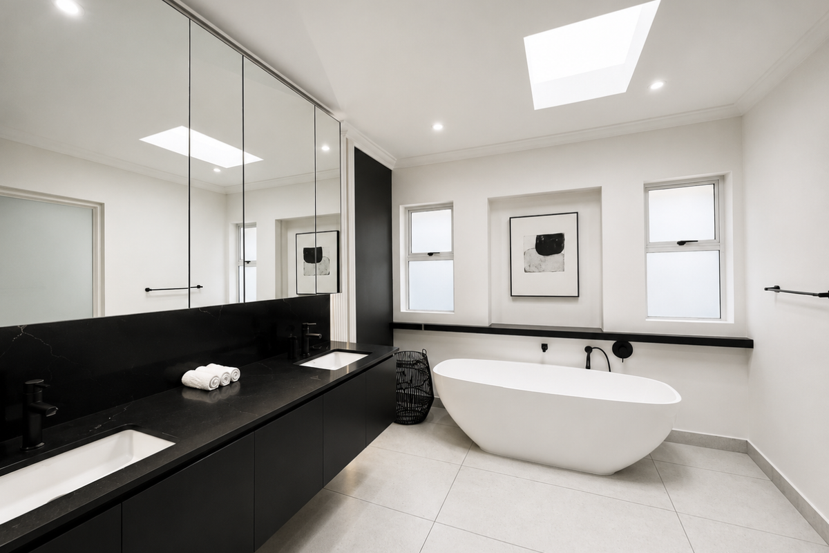 Modern, high-end bathroom featuring a sleek double vanity with black stone countertops, a contemporary freestanding bathtub, and a bright skylight.