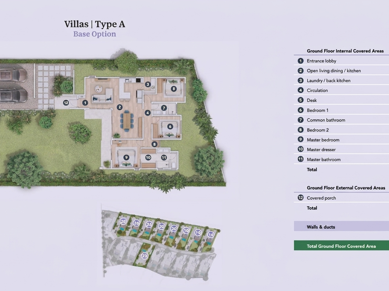 Architectural floor plan for a villa type A, detailing internal and external covered areas and room layout.