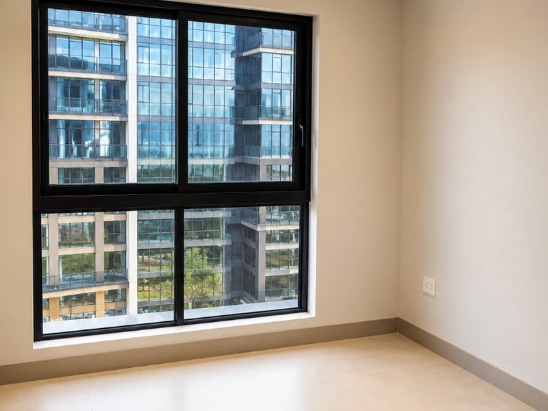 A bright, empty bedroom featuring neutral tiled flooring, recessed downlighting, and a large black-framed window offering an urban view.