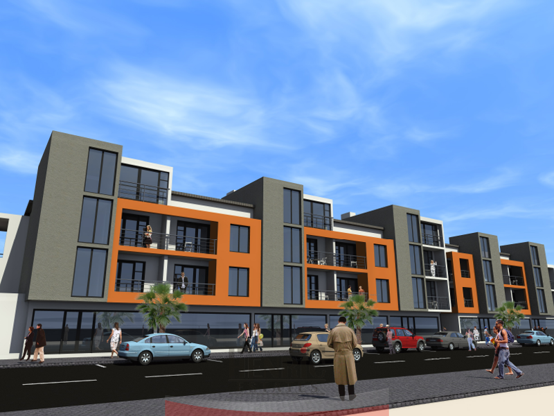 A modern multi-story apartment complex featuring a contemporary facade with orange accents, private balconies, and ground-level commercial or retail space.