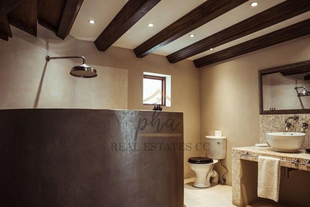 A rustic-style bathroom featuring a walk-in shower with a curved wall, a vessel sink on a tiled vanity, and exposed timber ceiling beams.