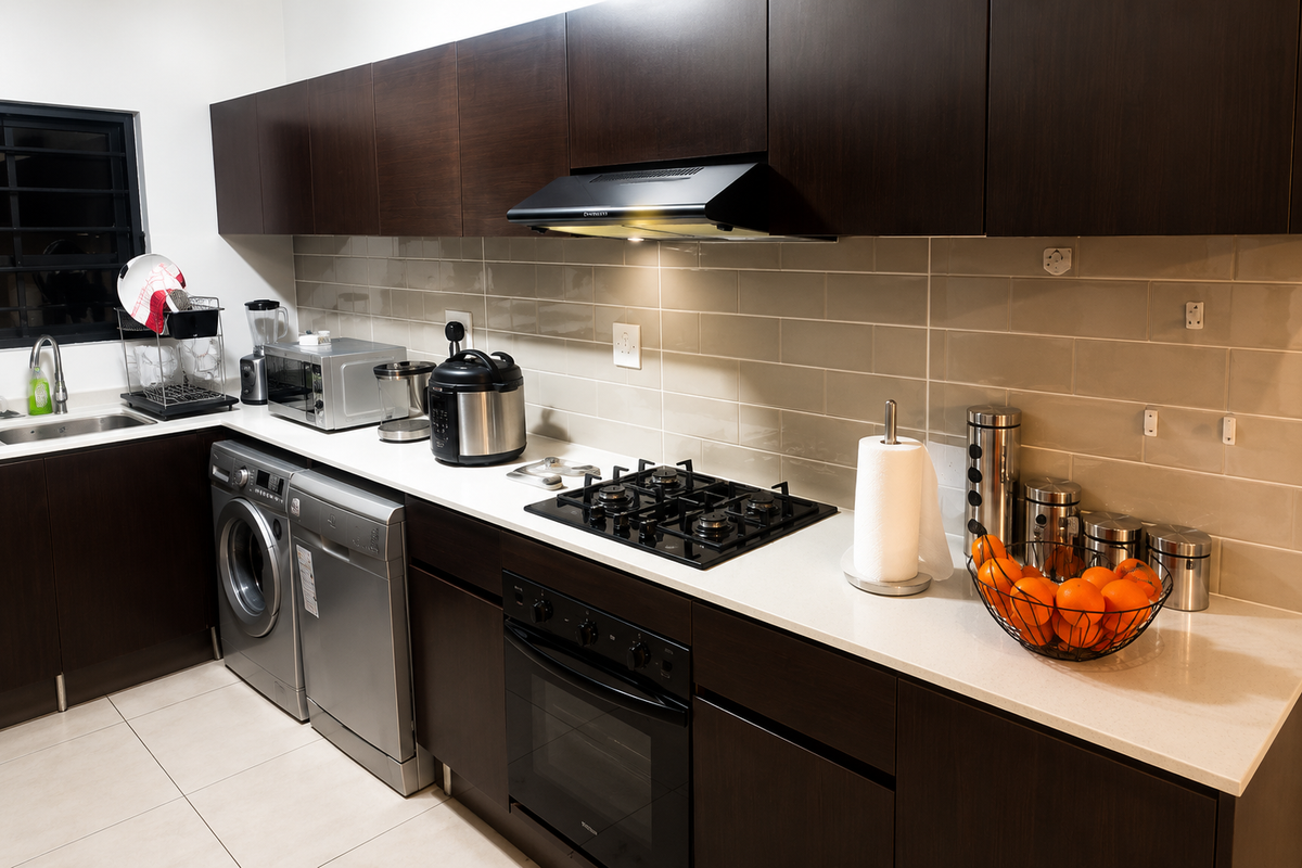 Modern kitchen featuring dark wood cabinetry, stone countertops, subway tile backsplash, and integrated appliances including a gas hob, oven, and extractor fan.
