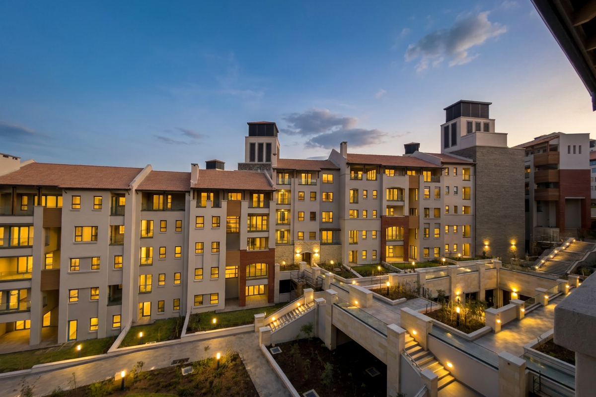 A high-angle view of a modern apartment complex featuring landscaped courtyards, stone-clad staircases, and warm exterior lighting at dusk.