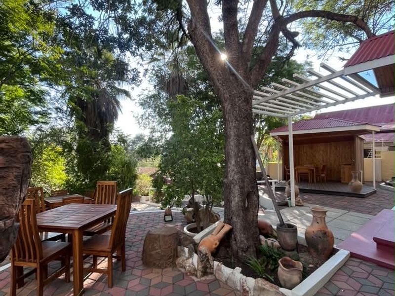 Outdoor paved patio area featuring a pergola, mature tree, and raised garden bed, providing a pleasant space for office staff relaxation.