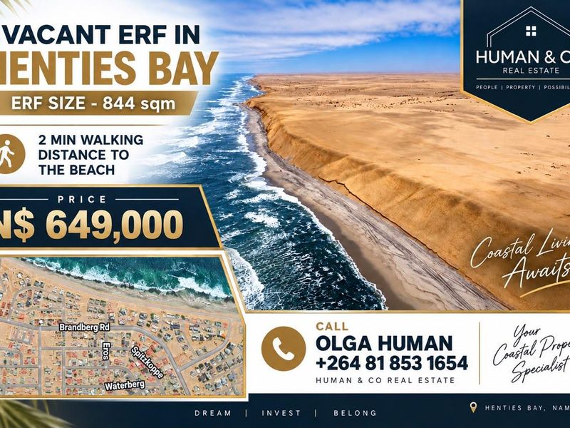 An aerial view of a vacant residential erf in Henties Bay, showcasing the coastal landscape and proximity to the beach.