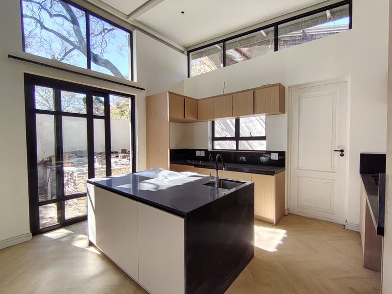 Modern kitchen featuring a central island with stone countertops, sleek cabinetry, and expansive windows that provide abundant natural light and garden views.
