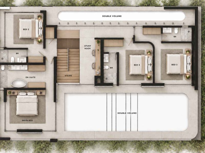 A detailed architectural floor plan showing the upper level layout, including four bedrooms, en-suite bathrooms, a study nook, and a double volume void area.