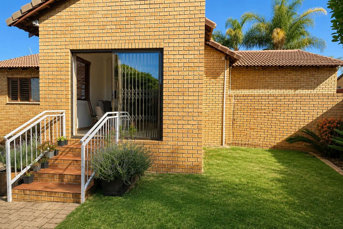 Rear view of a face brick house featuring a sliding door entrance with tiled steps, metal handrails, and a well-maintained garden lawn.
