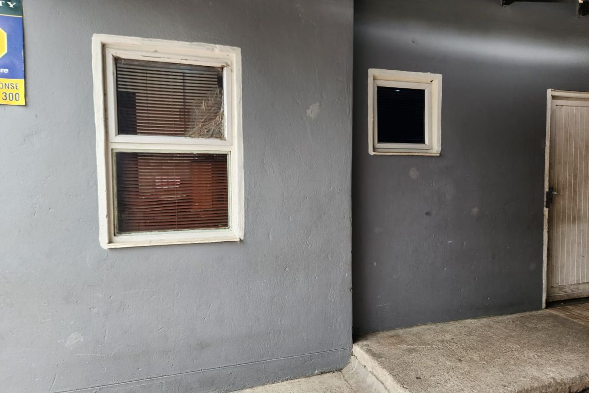 Exterior view of a rear wall featuring painted masonry, aluminium windows, and a concrete step entrance.