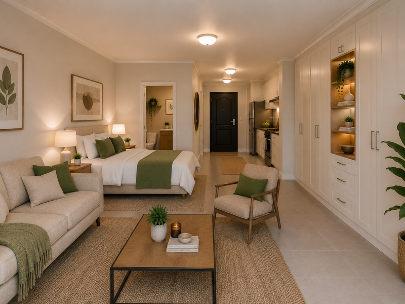 A well-appointed open-plan studio apartment featuring a kitchenette, integrated storage cabinetry, and a combined living and sleeping area with neutral finishes.