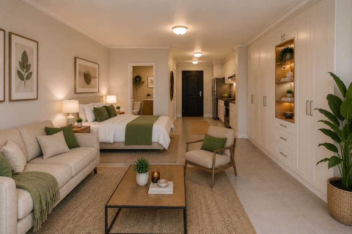 A well-appointed open-plan studio apartment featuring a kitchenette, integrated storage cabinetry, and a combined living and sleeping area with neutral finishes.