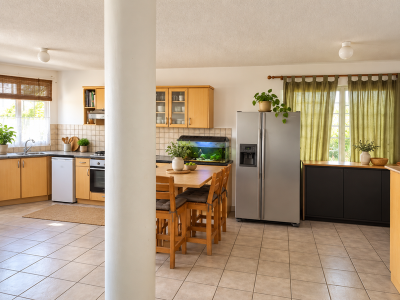 Spacious open-plan kitchen and dining area featuring light wood cabinetry, tiled flooring, and a central structural column, offering a functional layout.