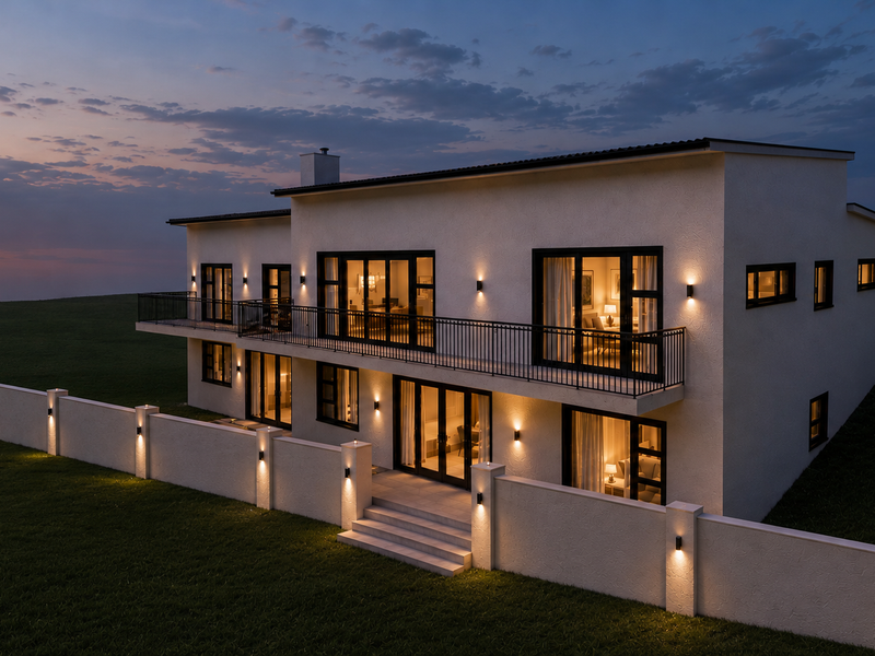 A modern two-story residence at dusk, featuring a spacious balcony, perimeter wall with integrated lighting, and large glass doors overlooking a landscaped lawn.
