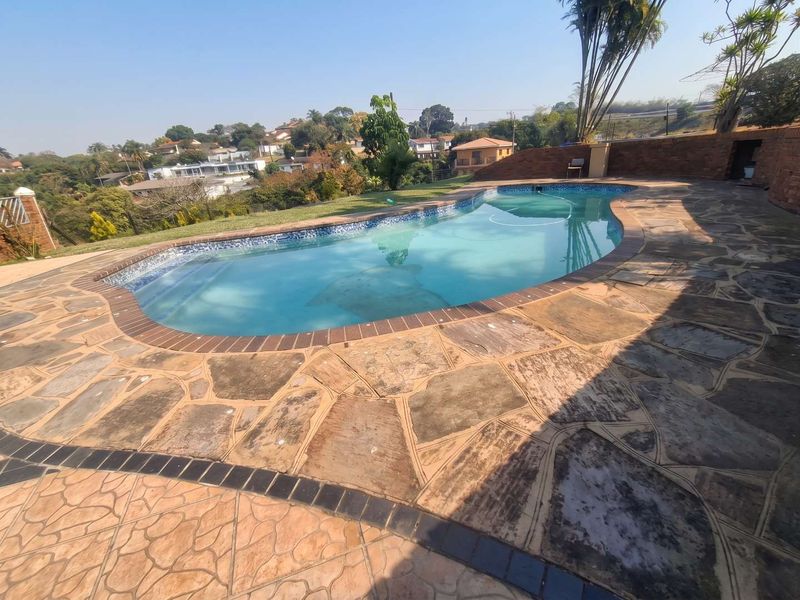 Outdoor pool area featuring a curved swimming pool surrounded by stone paving and a brick retaining wall with views of the surrounding neighborhood.