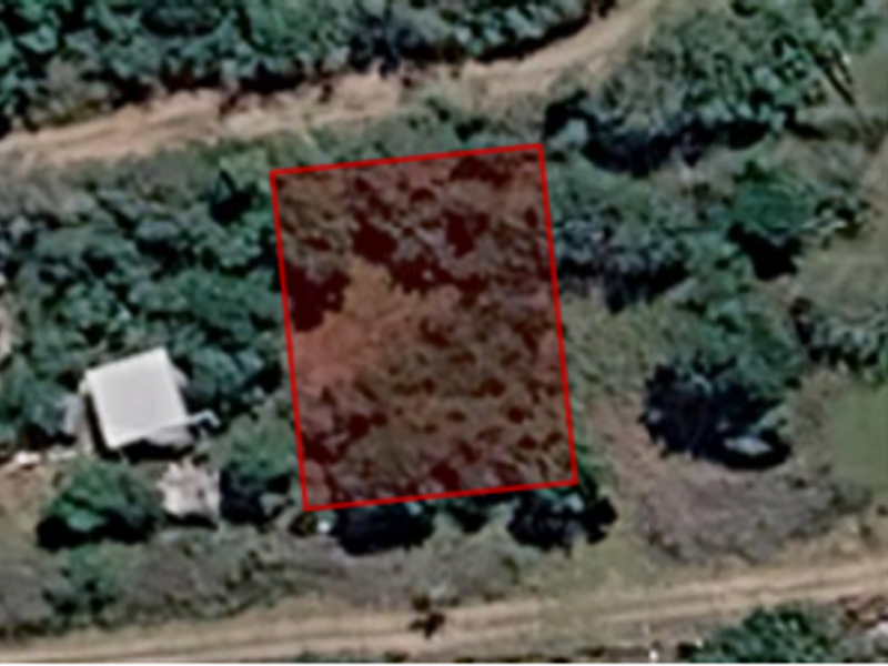 An aerial view of a vacant residential plot of land with surrounding vegetation.