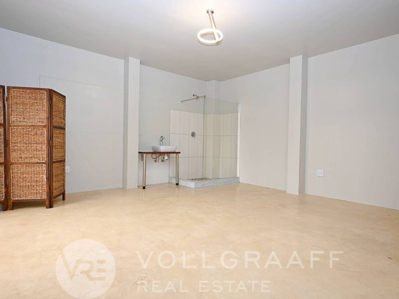 Spacious bedroom featuring an open-plan en-suite area with a walk-in shower and modern basin, offering a clean, minimalist aesthetic.
