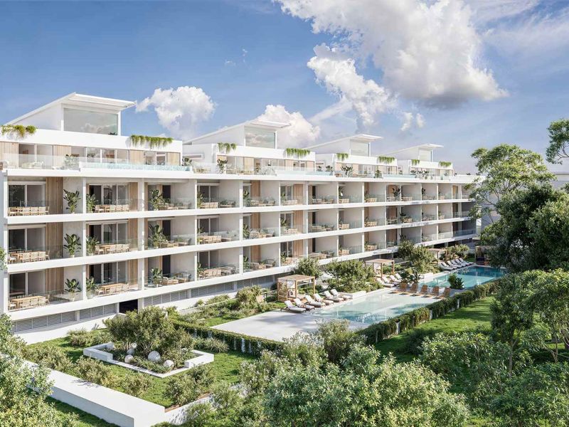 A high-quality architectural rendering of a modern apartment complex featuring tiered balconies, a landscaped garden, and a communal swimming pool area.