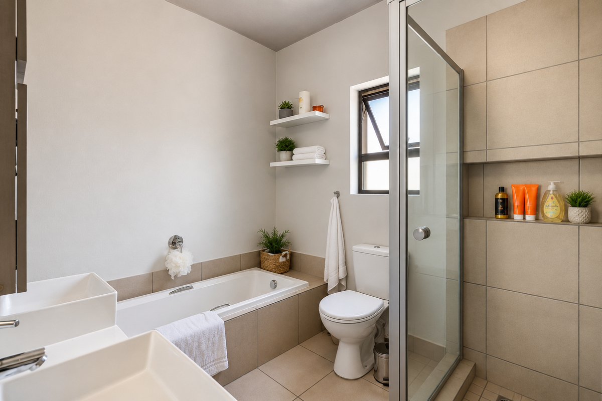 Modern bathroom featuring a built-in bathtub, separate glass-enclosed shower, wall-mounted toilet, and contemporary vanity basins with neutral tiling.