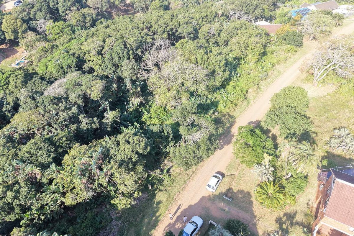 An aerial view of a vacant residential plot featuring dense natural vegetation and access via an unpaved road.
