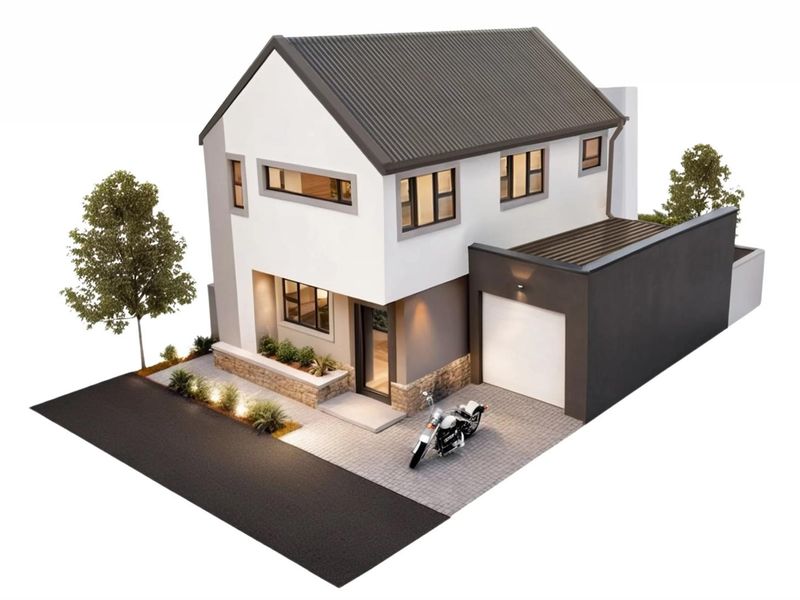 A modern two-story townhouse featuring a pitched roof, stone cladding accents, and an integrated single garage with a paved driveway.