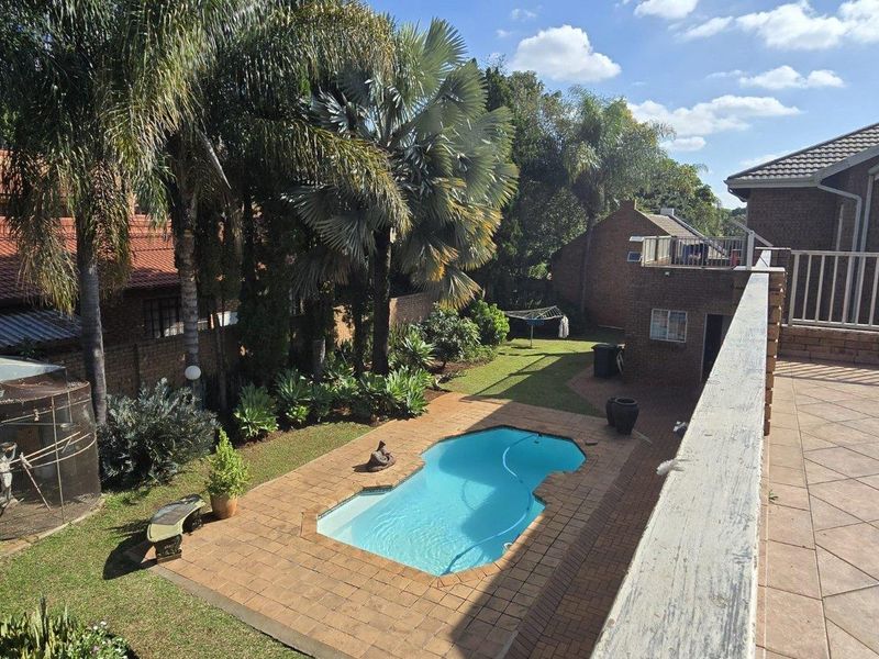 Elevated view of a private backyard featuring a swimming pool, paved patio area, and established garden landscaping.