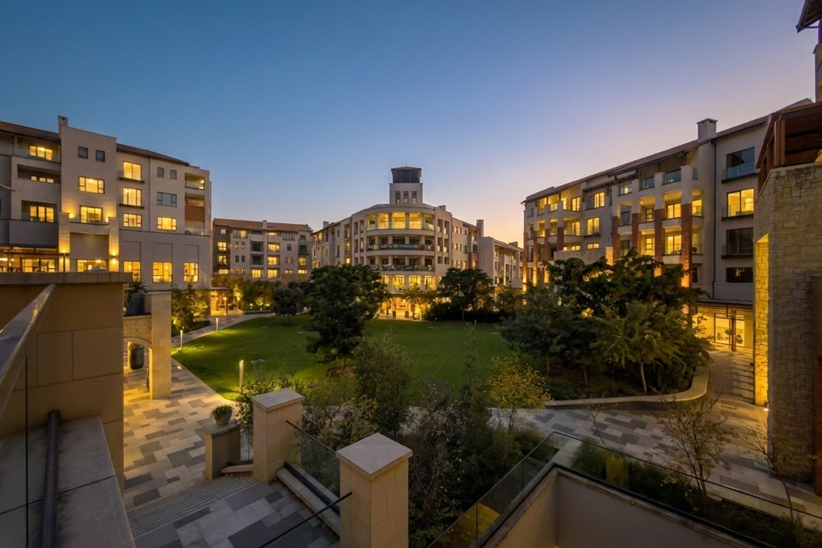 A beautifully landscaped central courtyard and garden area within a modern apartment complex, featuring paved walkways and ambient evening lighting.