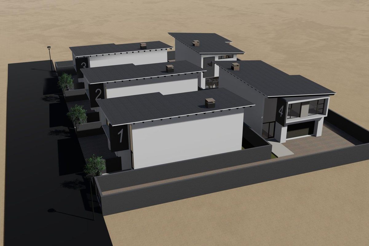An aerial 3D architectural render showing the layout and exterior design of a modern townhouse complex.